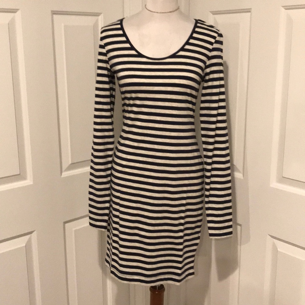 Navy & Light Grey Striped Long Sleeve Dress
